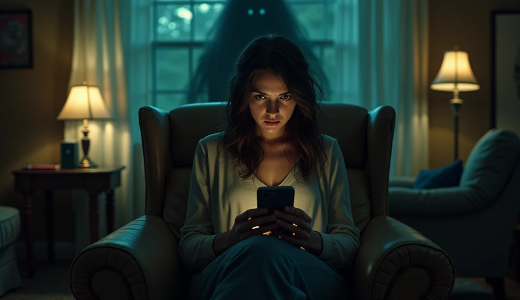 A woman sitting on an armchair in her living room staring in horror at her cell phone, while a dark and sinister presence watches her from behind with an ominous look