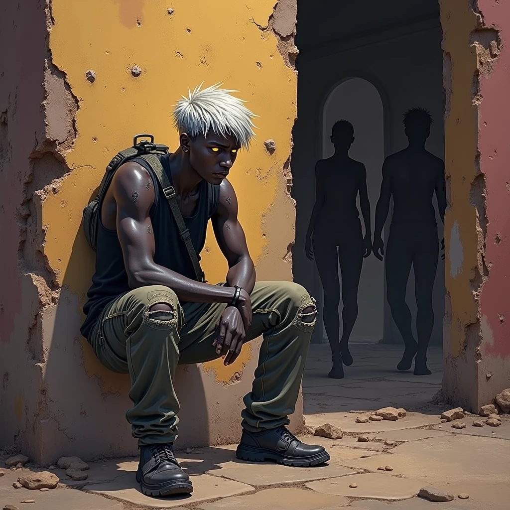 Post-apocalyptic young adult human with pitch-black skin and short length silver hair wearing a dirty loose fitting black tank top and torn cargo pants. He is thin and has a small satchel at his side. He has small grey scars across his arms and one on his face. His eyes are golden and dimly glowing as he stands with his back pressed against a decrepit wall of a house, hiding from two shadowed silhouettes on the other side who are conversing with one another, the colour scheme is tans browns reds and oranges
