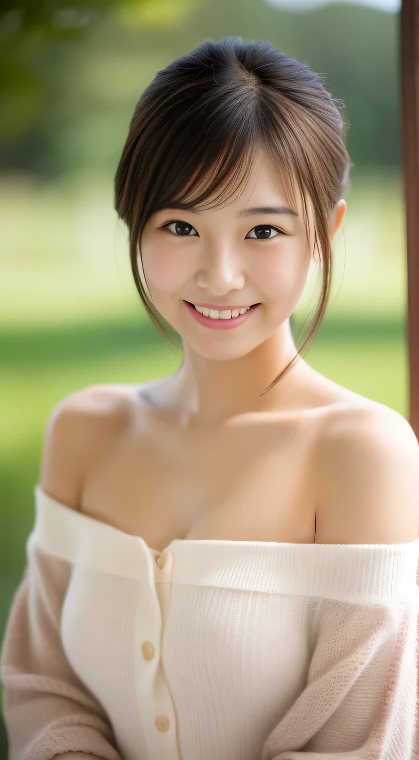 masterpiece,best quality,(Japanese girl),((Beautiful girl)),cleavage,(off shoulder:1.2),(perfect body beauty:1.2),(shy smile),From slightly above