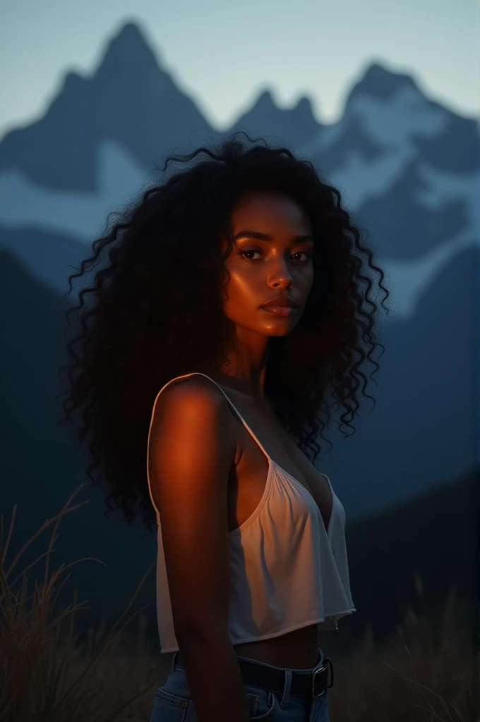 A 32-year-old black woman, long black curly hair, dark shaped eyes , standing in front, illuminated by the light of a lamp, against the backdrop of a mountain
