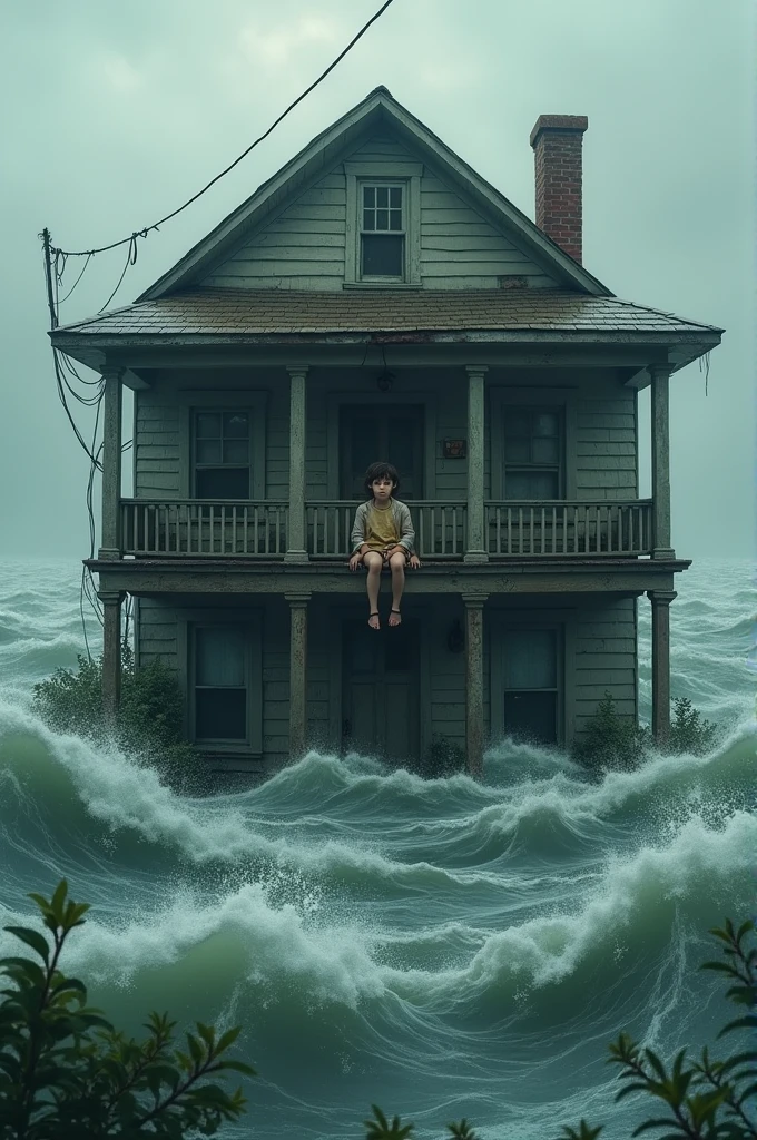 Two-storied house drowned in flood An is sitting on the second floor