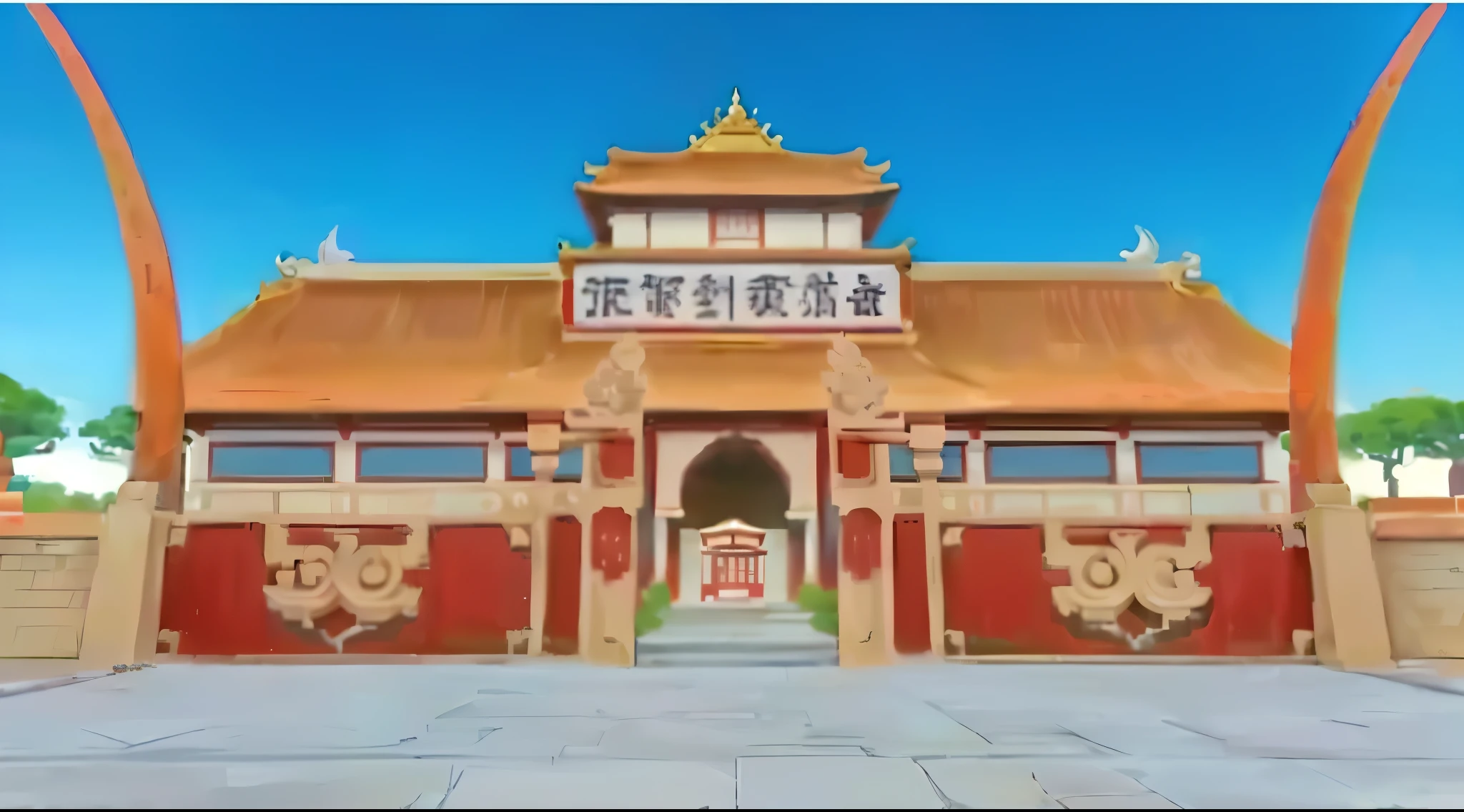 Close up of cartoon building，Red roof and red doors, temple background, Cora Legend setting, background depicting a temple, anime Yuruying, a temple, Madhouse Studios Anime Style, buddhist temple, large temples, Tang Dynasty Palace, Japanese feudal background, temple, in front of a temple, Yuruying