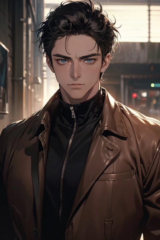 (Best Quality,4k,8k,high resolution,Masterpiece:1.2),ultra detailed,(realist,photorealist,photo-realist:1.37),1 man,31 years,mature man,muscular,square jaw,very handsome,without expresion,short gray black hair,hairstyle,Blue eyes,glare,perfect face without mistakes,imposing posture,collar jacket,leather jacket,dark background,cinematic lighting,imagen HDR
