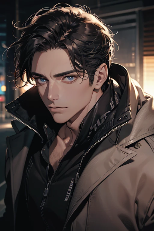 (Best Quality,4k,8k,high resolution,Masterpiece:1.2),ultra detailed,(realist,photorealist,photo-realist:1.37),1 man,31 years,mature man,muscular,square jaw,very handsome,without expresion,short gray black hair,hairstyle,Blue eyes,glare,perfect face without mistakes,imposing posture,collar jacket,leather jacket,dark background,cinematic lighting,imagen HDR