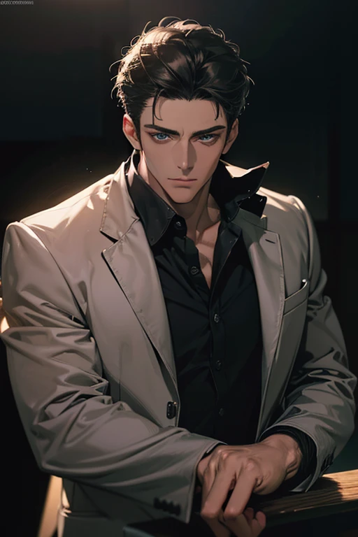 (Best Quality,4k,8k,high resolution,Masterpiece:1.2),ultra detailed,(realist,photorealist,photo-realist:1.37),1 man,31 years,mature man,muscular,square jaw,very handsome,without expresion,short gray black hair,hairstyle,Blue eyes,glare,perfect face without mistakes,imposing posture,collar jacket,leather jacket,dark background,cinematic lighting,imagen HDR