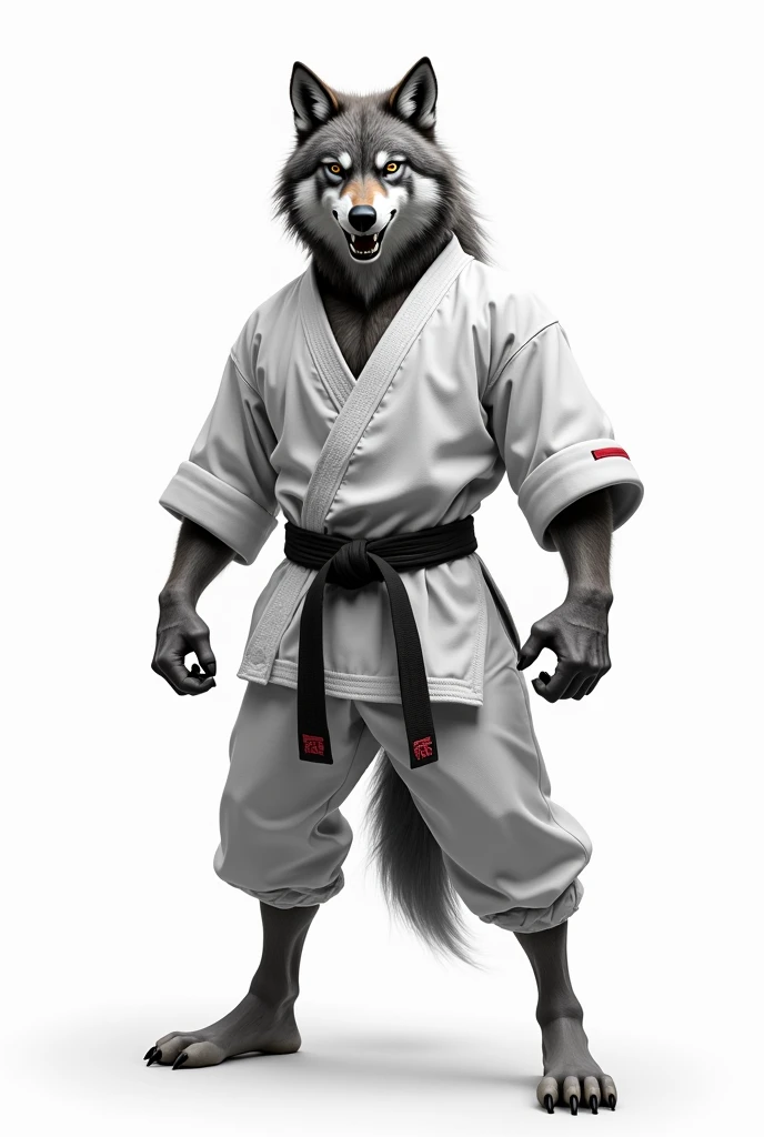 wolf in karate costume on white background
