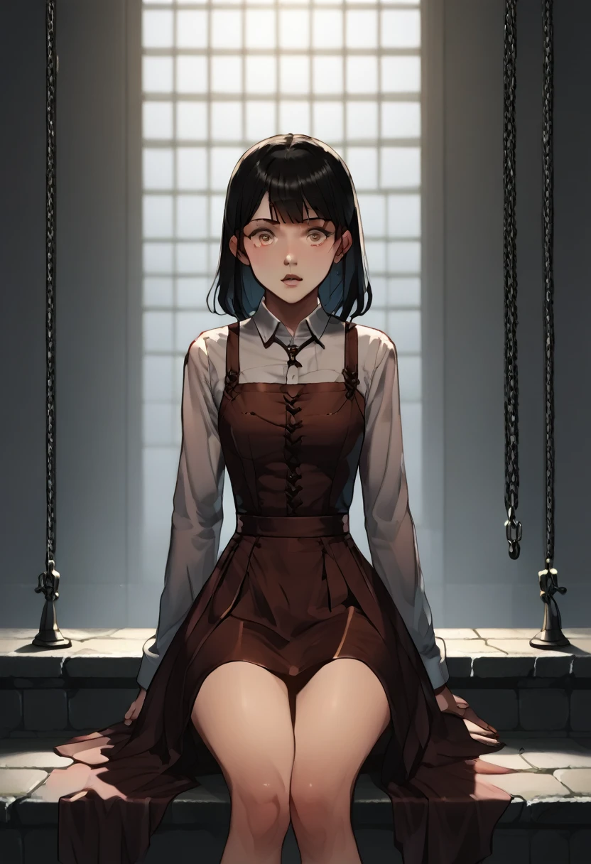 score_9, score_8_up, score_7_up, score_6_up, score_5_up, score_4_up, source_anime, 1girl, worth, black hair, ponytail, white eyes, w-w-chain, shackles, shackle your hands, chains, chain your hands, bound, white dress, translucent skirt, brown thigh high heels, heels, dungeon, best quality, best res, 4K UHD, details, 
 