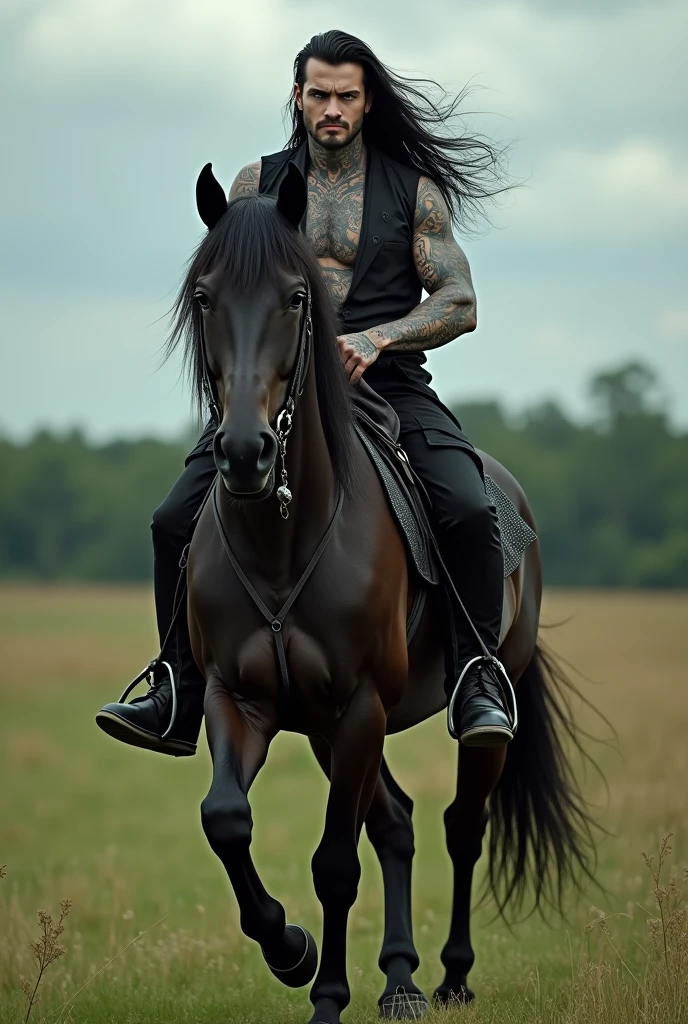 ((a man of 30, tatuados, very long black hair, Wearing Gothic clothes, with blue eyes, similar to Andy Black from the band )),((hyperheal)) posing like a model, ((no tattoo on face)). ((Full body walking in a field riding a horse)).