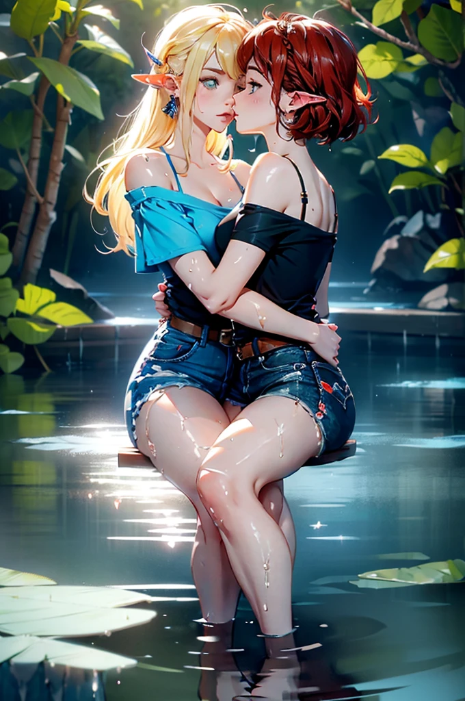 2girls, one is a female elf, short red hair, blue eyes, curvy body, full pouty lips, White off the shoulder tee shirt: 1.5, blue micro denim shorts, other one is a female elf, short blonde hair, blue eyes, slim body, full pouty lips, Black tee shirt, blue denim mini shorts, black heels ((Sitting in water, holding each other, kissing: 1.6))