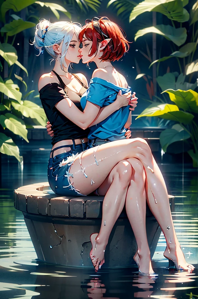 2girls, one is a female elf, short red hair, blue eyes, curvy body, full pouty lips, White off the shoulder tee shirt: 1.5, blue micro denim shorts, other one is a female elf, short blonde hair, blue eyes, slim body, full pouty lips, Black tee shirt, blue denim mini shorts, black heels ((Sitting in water, holding each other, kissing: 1.6))
