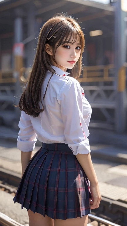 (masterpiece:1.2, Highest quality), Bokeh, 1 high school girl, (Japanese Idols:1.6), Plump breasts, Blushed, Looking at the audience, Standing on the train tracks, High School Uniform:1.6), sunset, close,