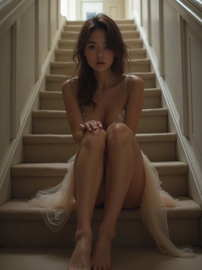 woman sitting on a staircase wearing a short skirt, trying to cover her panties, shy, beautiful.