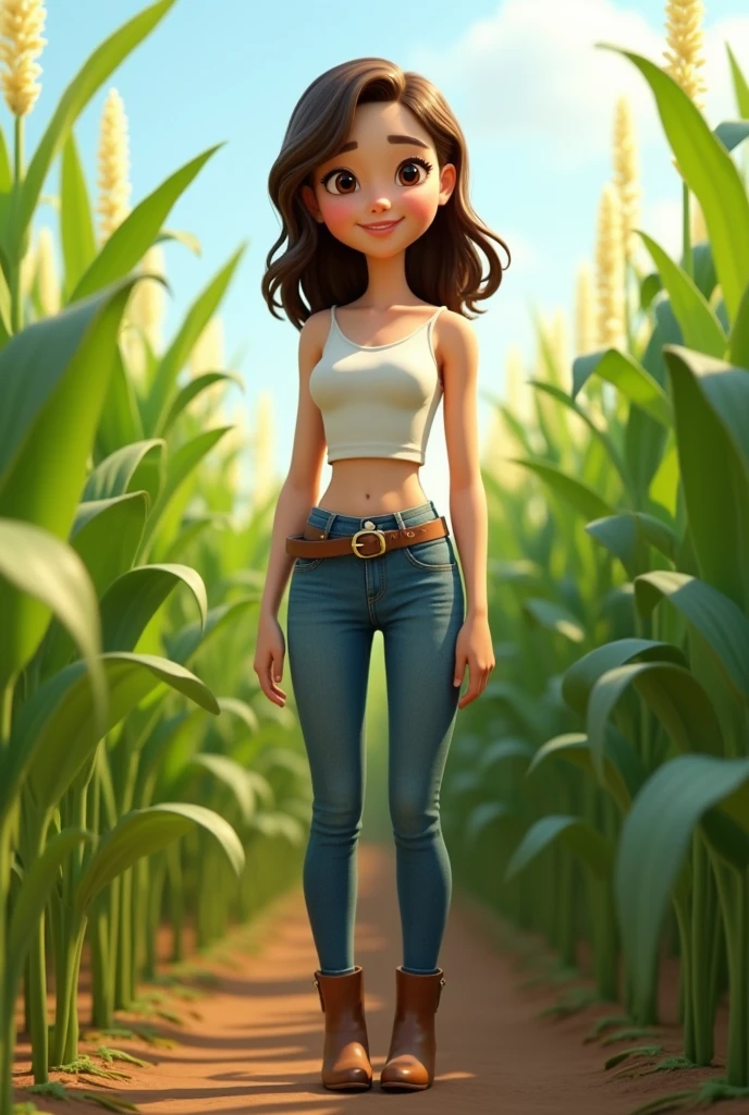 3d pixar style animation, 20 year old girl, thin, fair skin, medium length dark brown hair, wearing jeans with a buckle belt, wearing ankle boots, in the middle of a sorghum plantation