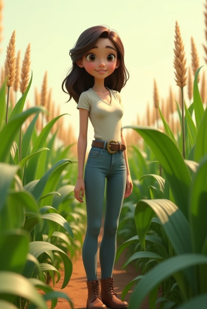 3d pixar style animation, 20 year old girl, thin, fair skin, medium length dark brown hair, wearing jeans with a buckle belt, wearing ankle boots, in the middle of a sorghum plantation