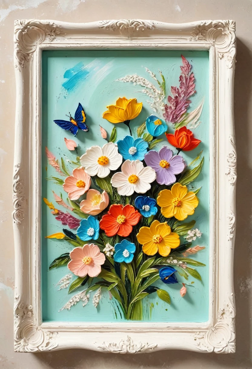 (A painting in a white plaster frame on an easel，Retro)：(((Soft tones，Chalk painting，Oil stick painting，flight，Thick coating，Uneven texture，Plaster texture，Graffiti)))。Korean style framed decorative painting，3D Decorating，French style framed flowers，Overflow Frame