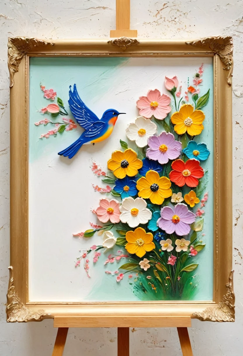 (A painting in a white plaster frame on an easel,Retro):(((Soft tones,Chalk painting,Oil stick painting,flight,Thick coating,Uneven texture,Plaster texture,Graffiti)))。Korean style framed decorative painting,3D Decorating,French style framed flowers,Overflow Frame