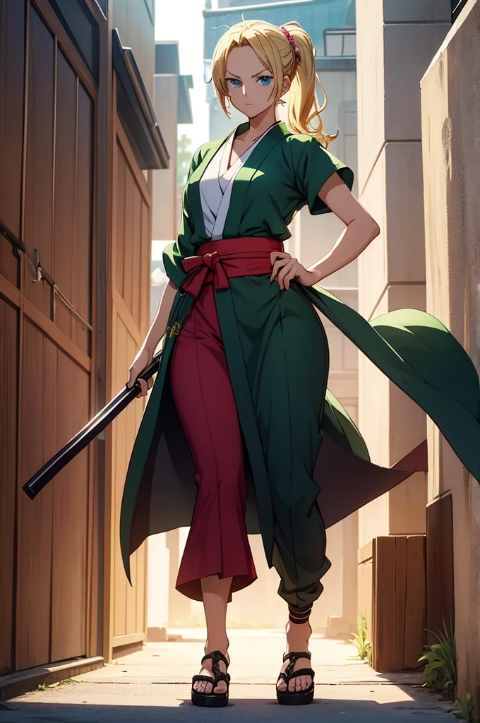 Create an image of a gender-swapped Sanji from One Piece reimagined as a striking and confident young woman wearing a Roronoa Zoro cosplay. She has her signature blonde hair styled to resemble Zoro’s iconic look—perhaps pulled back into a short ponytail or tousled slightly, with a few loose strands falling across her face. Her bright blue eyes are sharp and focused, exuding the same determination and strength that Zoro is known for.
She is dressed in a carefully detailed cosplay of Roronoa Zoro’s outfit, adapted to fit her feminine figure while maintaining the recognizable elements of Zoro’s style:
Outfit: A green, open-front kimono or robe, cinched at the waist with a wide, black sash. The kimono is slightly fitted to accentuate her curves while still allowing for freedom of movement. The robe might have a slit or opening on one side, revealing her toned legs and adding a touch of femininity to the otherwise traditional outfit.
Pants: Black pants or fitted leggings that match the color of the sash, giving the outfit a sleek and cohesive look. The pants are practical yet stylish, allowing her to move easily while still maintaining the cosplay's authenticity.
Footwear: Traditional Japanese sandals (geta) or simple black boots that complete the look, designed for comfort and ease of movement. The footwear should match the overall aesthetic, staying true to Zoro’s character while fitting her feminine style.
Accessories: Three swords strapped to her side, replicating Zoro’s iconic three-sword style (Santoryu). The swords are detailed and realistic, with intricate designs on the hilts and scabbards. She might also wear a green bandana tied around her upper arm or head, a nod to Zoro’s battle-ready look.
Sanji’s posture is strong and confident, with one hand resting on the hilt of a sword and the other casually adjusting her kimono or sash. She might be looking forward with a determined expression or slightly over her shoulder, capturing the essence of both Sanji’s eleg