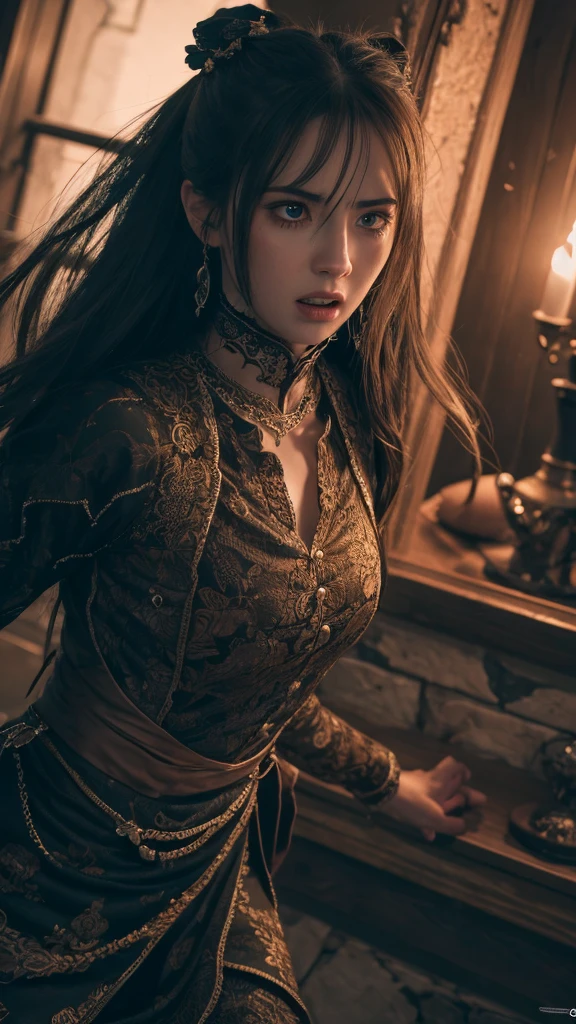 (Highly detailed 8K wallpapers), Medium shot of a terrified necromancer, Complex, Attention to detail, dramatic