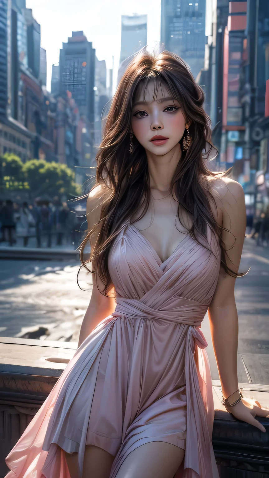 Highest quality、masterpiece、Ultra-high resolution、reality、Portrait、Elegant mature woman、blue eyes、Long Hair、Side bangs、(Translucent pink dress)、4K resolution、High-quality CG、Feminine pose、Fair