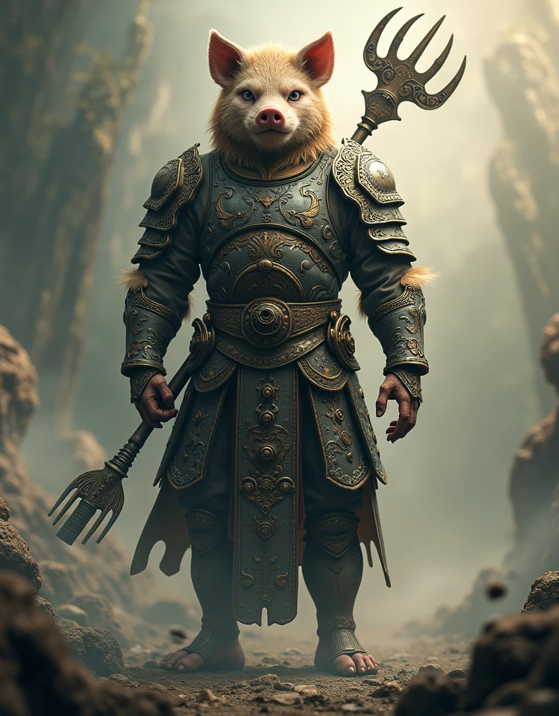 Pigsy,中国神话中的Pigsy,Wearing Lion Skin Armor,Holding a nine-toothed nail rake in his hand,Wearing an ornate bronze helmet。He is tall and straight,Delicate facial features,Perfect details,Movie Effects,Full body portrait,This is an Unreal Engine movie scene.,Surreal style,Ink Color,Technology