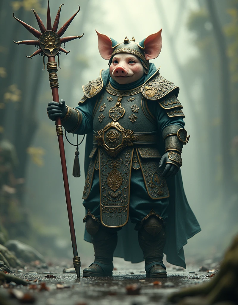 Pigsy,中国神话中的Pigsy,Wearing Lion Skin Armor,Holding a nine-toothed nail rake in his hand,Wearing an ornate bronze helmet。He is tall and straight,Delicate facial features,Perfect details,Movie Effects,Full body portrait,This is an Unreal Engine movie scene.,Surreal style,Ink Color,Technology