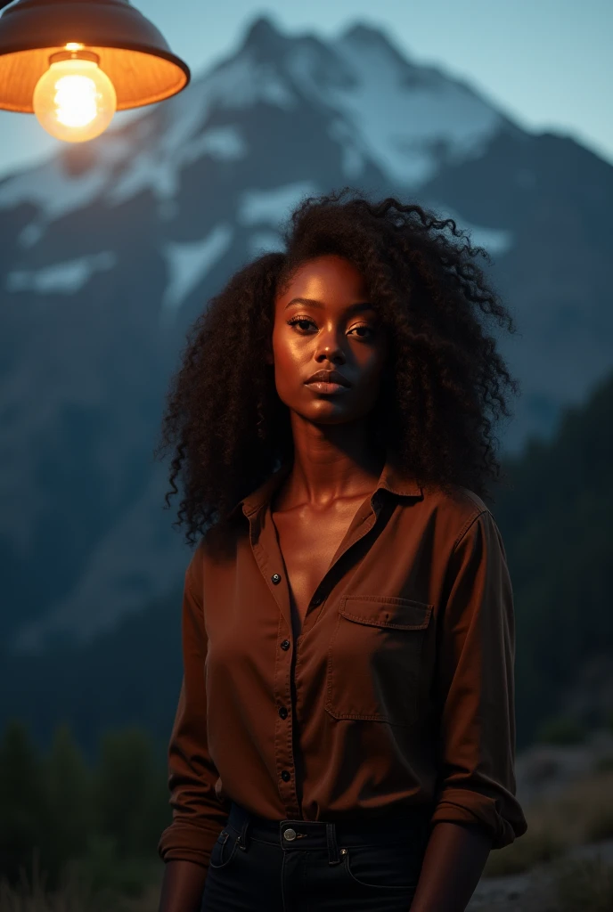 A 32-year-old black woman, 75 kilos,1,55 tall long black curly hair, dark shaped eyes , standing in front, illuminated by the light of a lamp, against the backdrop of a mountain
