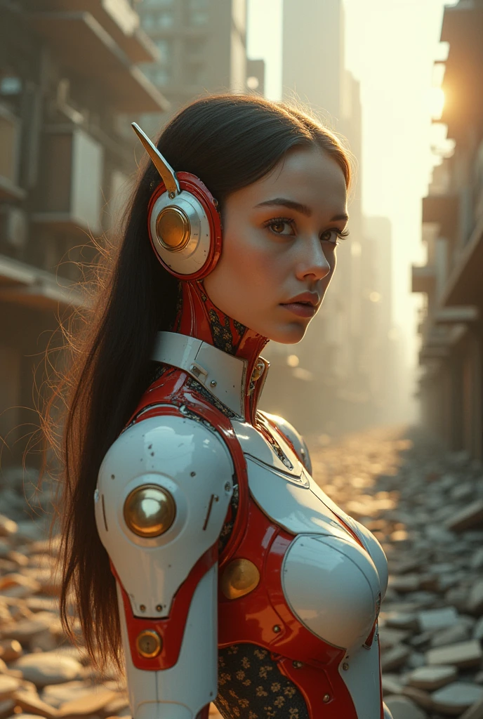 (1 girl:1.3), Alone, __body parts__, official art, 8k unified wallpaper, Super detailed, beautiful and aesthetic, beautiful, masterpiece, Best Quality, raw, masterpiece, super fine photo, Best Quality, super high resolution, photorealistic realism, sunlight, full body portrait, extraordinary beauty, dynamic pose, delicate face, vibrant eyes, (Seen from the side), she carries a futuristic Iron Man robot., red and gold color combination, Highly detailed abandoned warehouse background, detailed face, detailed complex busy background, disordered, gorgeous, milky white, very detailed skin, realistic skin details, visible pores, sharp focus, volumetric fog, 8k hd, digital slr camera, high quality, film grain, White skin, photographic realism, lomography, flying in the air, Huge metropolis in the dystopia of the future, seen from below, translucent
