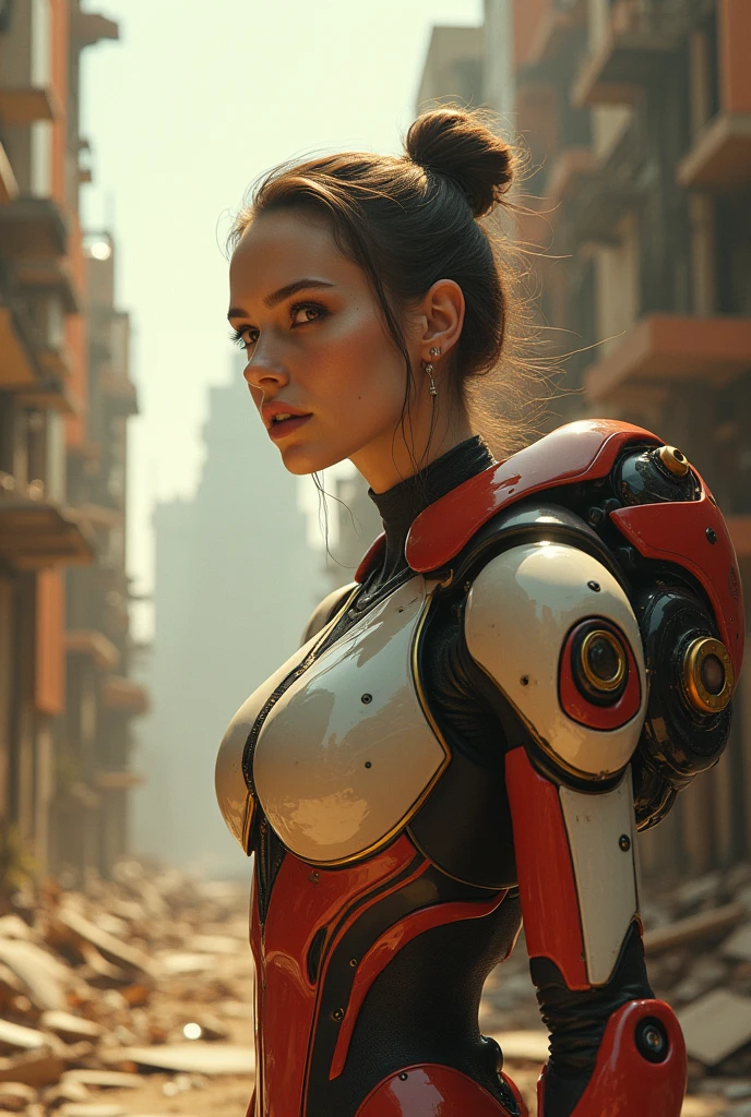 (1 girl:1.3), Alone, __body parts__, official art, 8k unified wallpaper, Super detailed, beautiful and aesthetic, beautiful, masterpiece, Best Quality, raw, masterpiece, super fine photo, Best Quality, super high resolution, photorealistic realism, sunlight, full body portrait, extraordinary beauty, dynamic pose, delicate face, vibrant eyes, (Seen from the side), she carries a futuristic Iron Man robot., red and gold color combination, Highly detailed abandoned warehouse background, detailed face, detailed complex busy background, disordered, gorgeous, milky white, very detailed skin, realistic skin details, visible pores, sharp focus, volumetric fog, 8k hd, digital slr camera, high quality, film grain, White skin, photographic realism, lomography, flying in the air, Huge metropolis in the dystopia of the future, seen from below, translucent