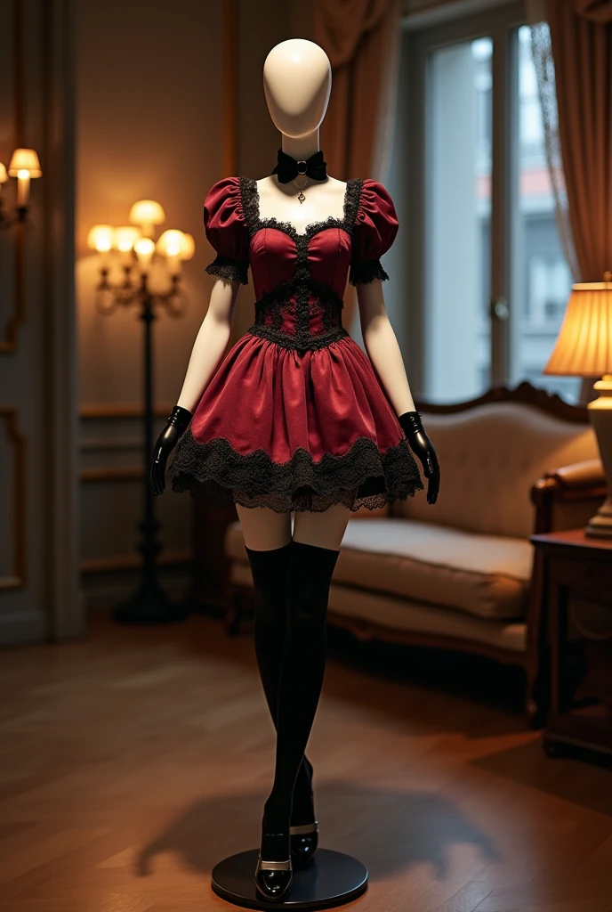 Mannequin in a maid-like outfit, of a maroon tone, with a little skirt, along with some mid-heeled sandals, black stockings and black velvet gloves, with the lace bodice and petticoat.