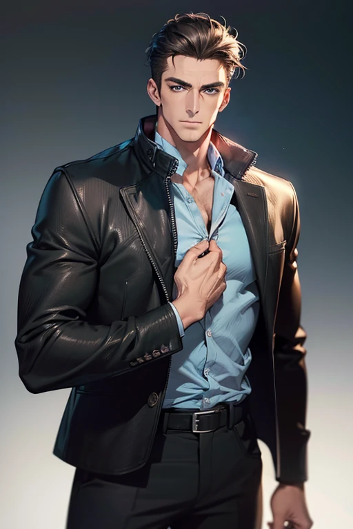 (Best Quality,4k,8k,high resolution,Masterpiece:1.2),ultra detailed,(realist,photorealist,photo-realist:1.37),1 man,31 years,mature man,muscular,square jaw,very handsome,without expresion,short gray black hair,hairstyle,Blue eyes,glare,perfect face without mistakes,imposing posture,collar jacket,leather jacket,dark background,cinematic lighting,imagen HDR