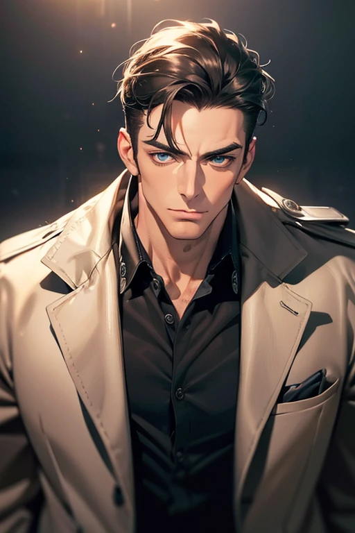 (Best Quality,4k,8k,high resolution,Masterpiece:1.2),ultra detailed,(realist,photorealist,photo-realist:1.37),1 man,31 years,mature man,muscular,square jaw,very handsome,without expresion,short gray black hair,hairstyle,Blue eyes,glare,perfect face without mistakes,imposing posture,collar jacket,leather jacket,dark background,cinematic lighting,imagen HDR