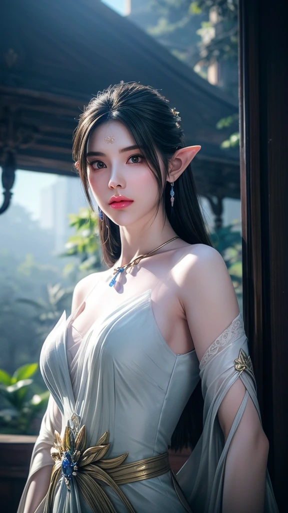Female elf waist photo, complex, Slender face, elegant, Wear a sapphire necklace, White Lightweight Sling Dress, Face the camera, Very detailed, number, Art Station, Concept Art, Smooth, Clear focus, illustration, Art work:artgerm、greg rutkowski 和 alphonse mucha, 8K, Volumetric Fog, bloom, Light, lumen, Crank Bokeh