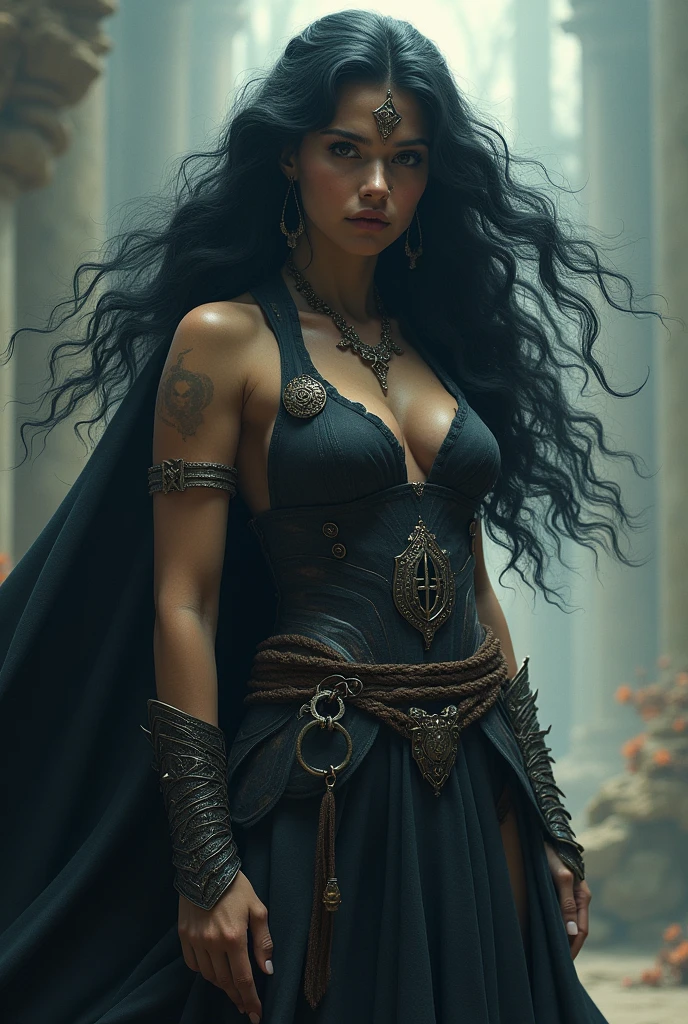 Warrior woman, White skin, with very dark brown hair almost black, with very long curly hair,