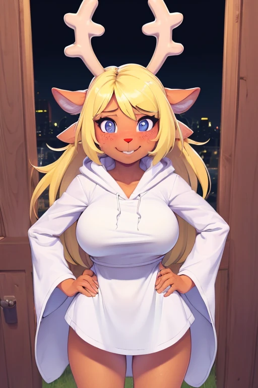 (noelle, furry female anthro, blonde hair, deer girl, red deer nose, white eyes, white pupils, white robe, hooded robe, big breasts, midriff, unberboob), hands on hips, green neon city, smiling, three-quarter view, blushing