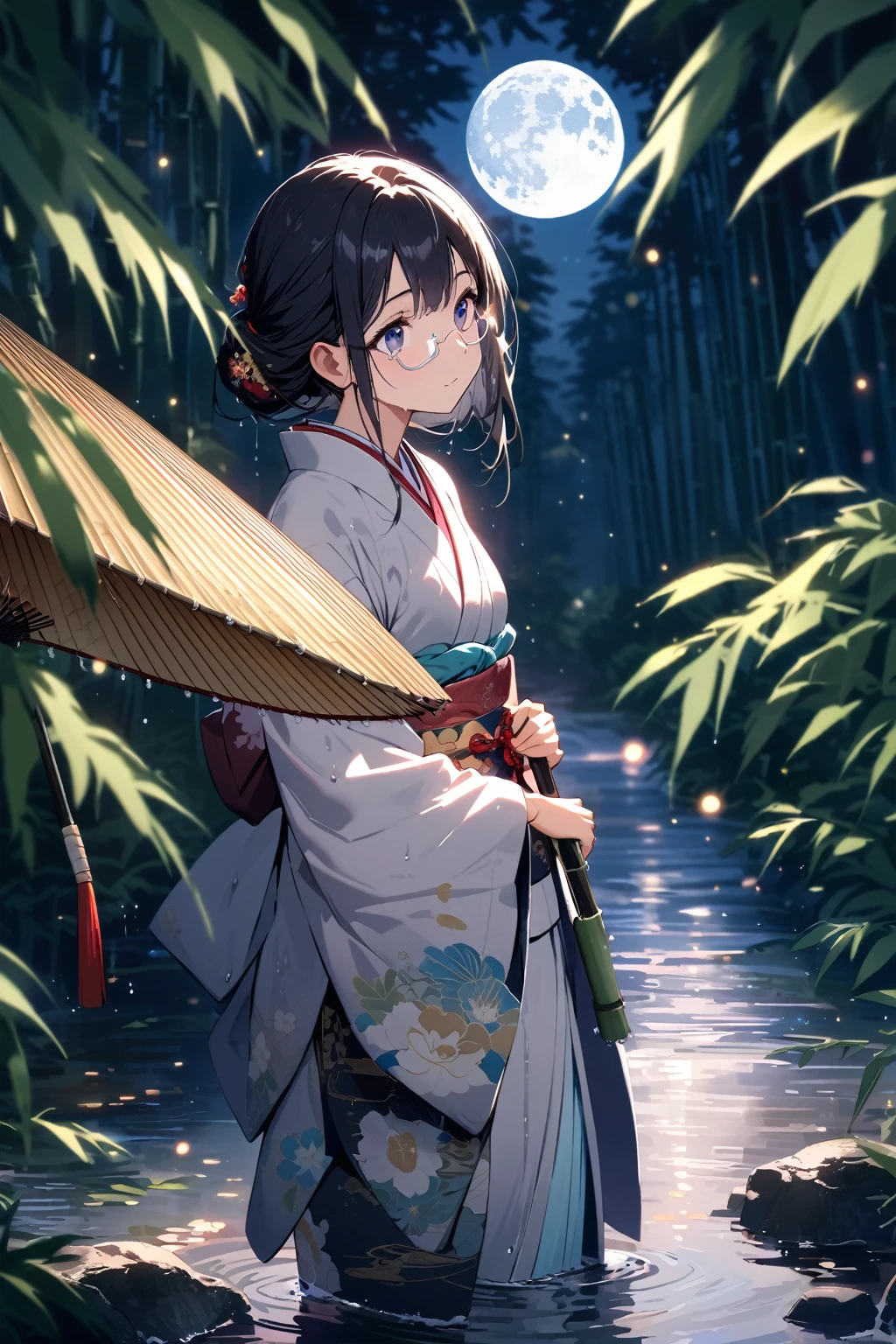 (extremely detailed fine touch:1.3), Vibrant colors, Soft tones, With warm and gentle lighting, (((silver semi-rimless eyewear:1.3))), girl, solo, full body, (ancient Japanese noble, beautiful kimono, beautiful long black hair), glowing hair, looking up at the moon, (pearl white moon:1.3), holding an Japanese umbrella, splash of water, fireflies flying around, bamboo leaves are placed three-dimensionally in the foreground, shining wet ground, bamboo grove of japan,