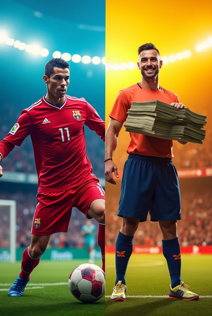 On the left side, Cristiano Ronaldo is in a dynamic football pose, ready to kick a ball.
On the right side, MrBeast is holding stacks of money or a giant challenge prop with a wide smile.
The background is split down the middle, with one half showing a packed football stadium and the other half a vibrant YouTube set.
Bright, contrasting colors like red, blue, and yellow to grab attention.
Expressions on both Ronaldo and MrBeast should be intense, highlighting competition.