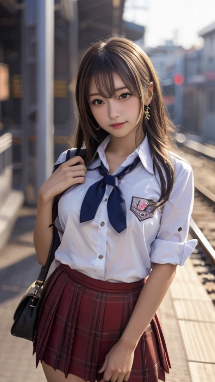 (masterpiece:1.2, Highest quality), Bokeh, 1 high school girl, (Japanese Idols:1.6), Plump breasts, Blushed, Looking at the audience, Standing on the train tracks, High School Uniform:1.6), sunset, close,