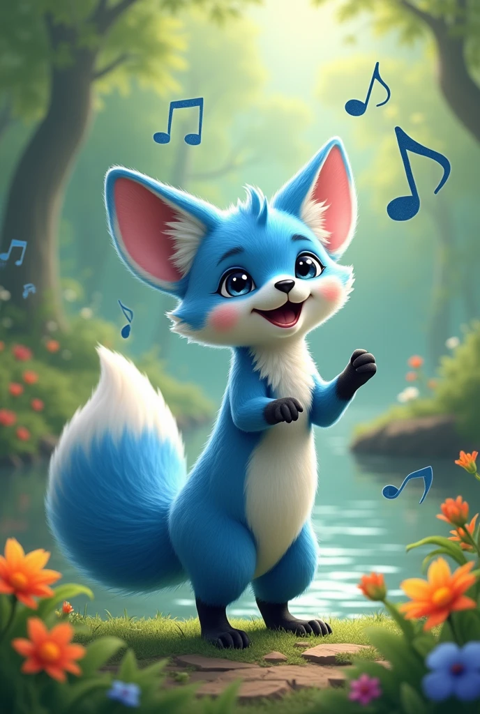 A blue female fox who loves to sing,Stand up,Sing the notes,Cute realistic style,Notes surround,Background forest garden
