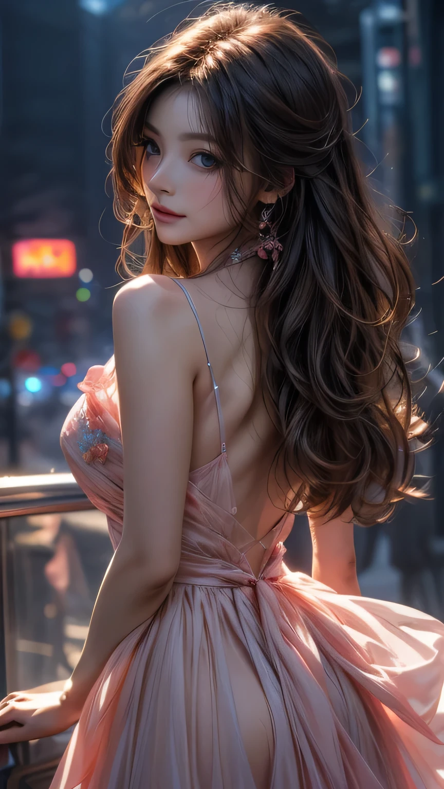 Highest quality、masterpiece、Ultra-high resolution、reality、Portrait、Elegant mature woman、blue eyes、Long Hair、Side bangs、(Translucent pink dress)、4K resolution、High-quality CG、Feminine pose、Fair