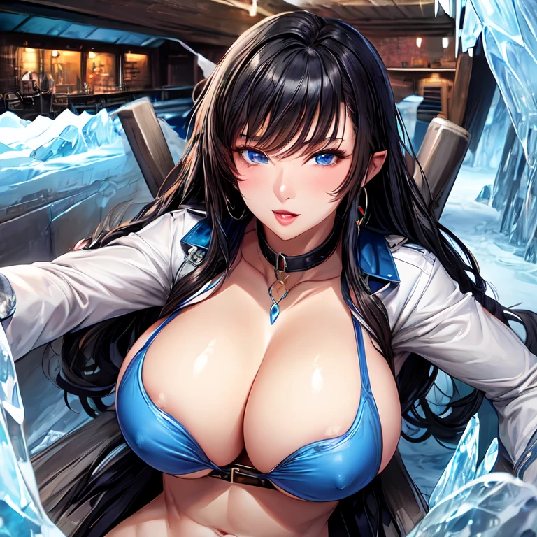 Ice Monster Maiden Beautiful Mature MILF With Black Hair, blue eyes and big breasts against the backdrop of an ice cave
