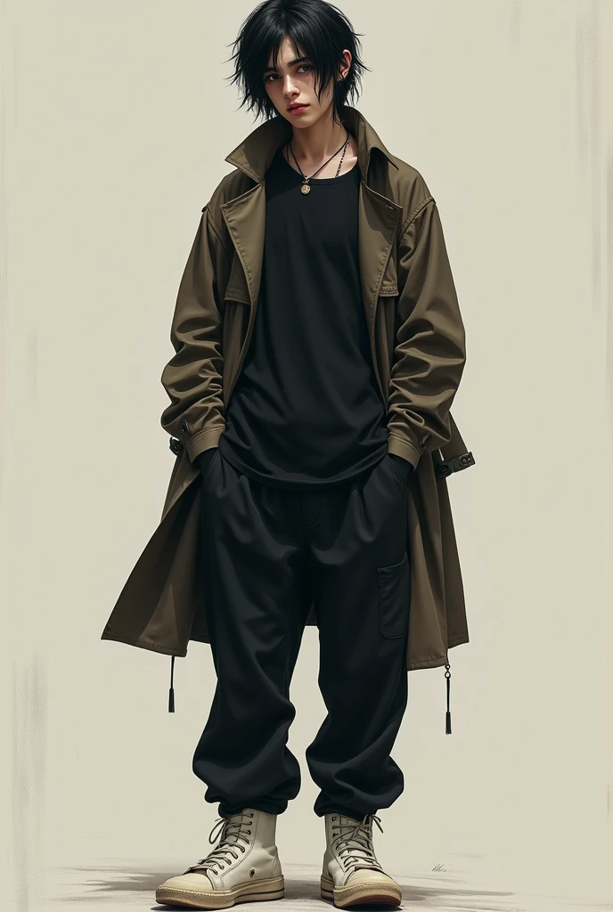 tall teenager,by rubio, with piercings in the eyebrow and lower lip, black long sleeve t-shirt, black somewhat baggy pants, WHITE TENNIS, dark brown trench coat,