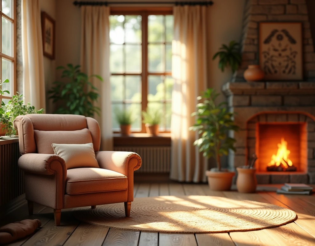 Warm and inviting home interior with a rustic wooden floor, a cozy fireplace, and a comfortable armchair in the foreground. The sunlight streams in through the window, casting a warm glow on the scene. The mood is peaceful and relaxing, and the style is modern rustic. The color palette is warm and earthy, with shades of brown, beige, and green.