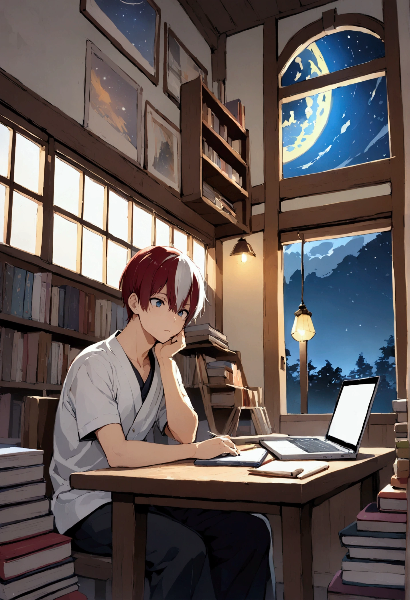 Todoroki Shoto, study, traditional japanese room, laptop, notebooks, Bookshop, nice lamps, big window, starry Night, concentration.