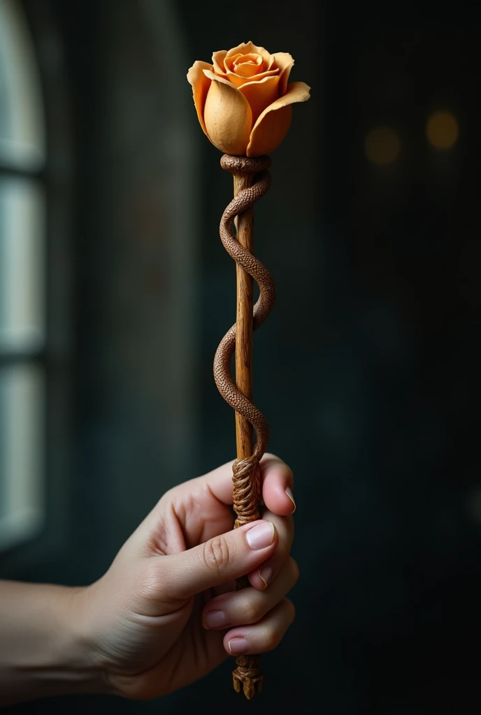 A wooden wand in the shape of a Rose carved with a snake detail around the wand 