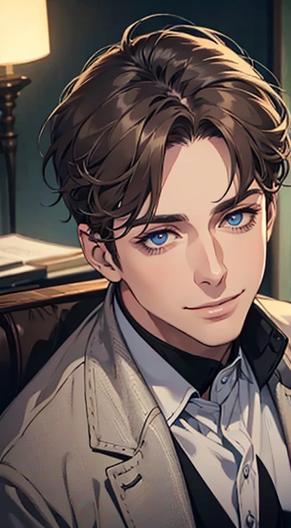 a mature man with short grey Brown hair, blue eyes, 34 years, and a perfect face, smiling in love, CEO, cinematic lighting, 1:4 HDR image, top view, ultra detailed, best quality, masterpiece, 8K, photorealistic, beautiful image