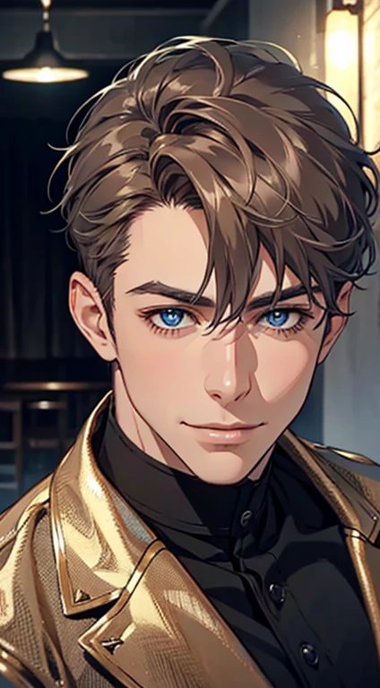 a mature man with short grey Brown hair, blue eyes, 34 years, and a perfect face, smiling in love, CEO, cinematic lighting, 1:4 HDR image, top view, ultra detailed, best quality, masterpiece, 8K, photorealistic, beautiful image