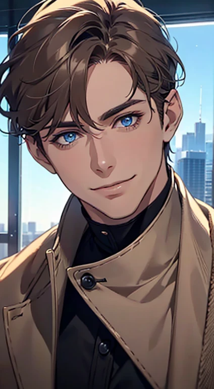 a mature man with short grey Brown hair, blue eyes, 34 years, and a perfect face, smiling in love, CEO, cinematic lighting, 1:4 HDR image, top view, ultra detailed, best quality, masterpiece, 8K, photorealistic, beautiful image