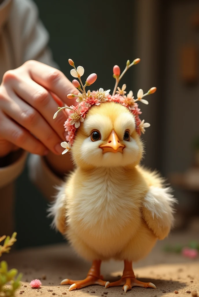 Someone dressing a chick head