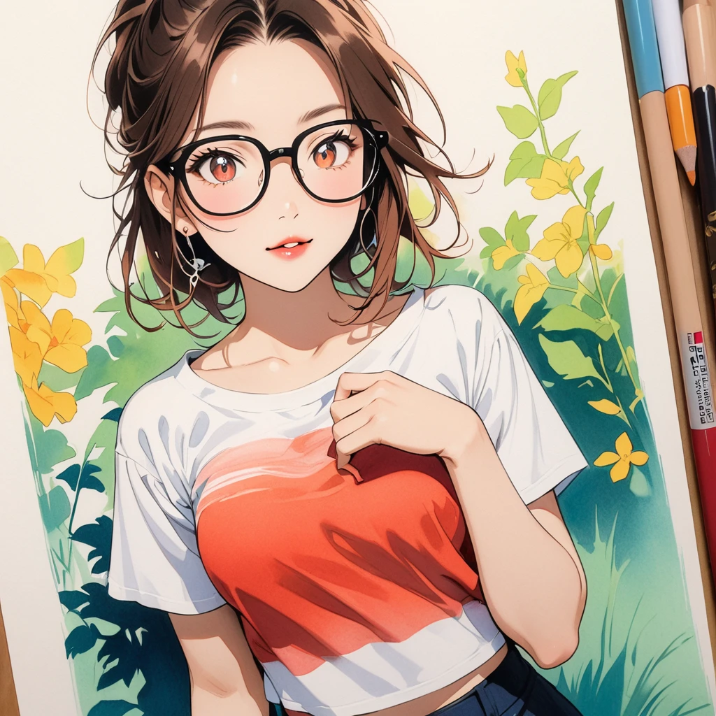 woman,Crop shirt,white,art,Colored pencil drawing,Ink Painting 、Glasses、