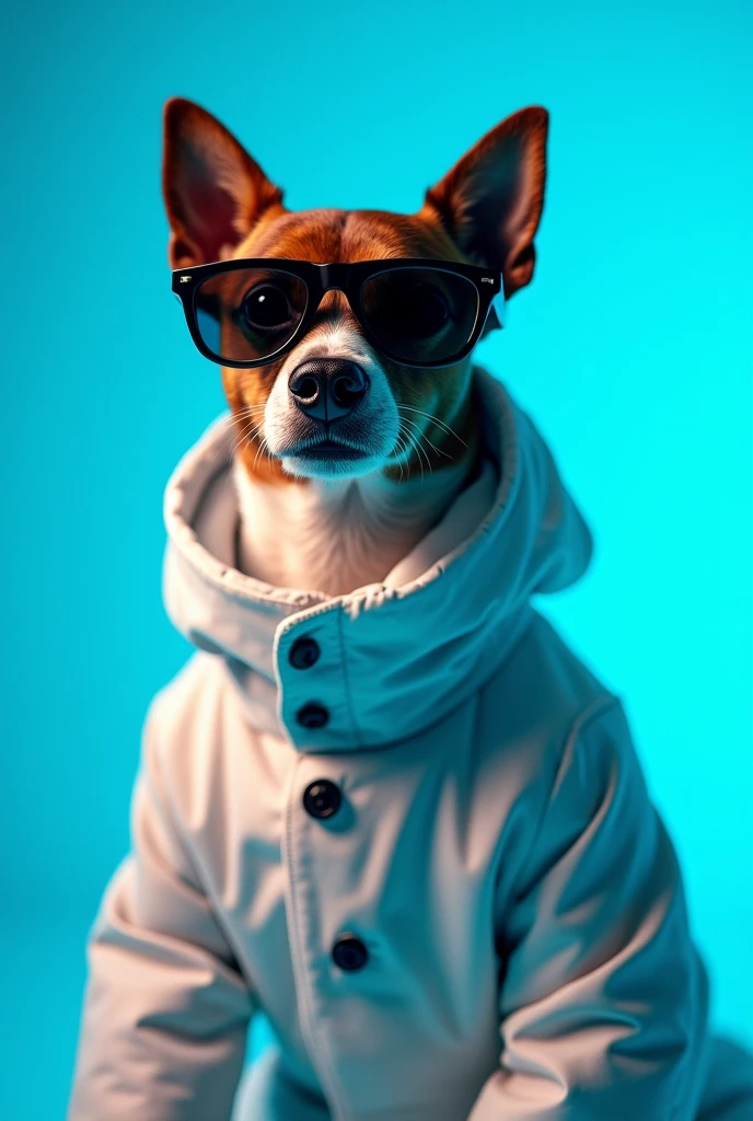 The best cell phone wallpaper, Award-Winning Wallpaper, portrait photography, In the front view is a portrait of a cute dog wearing mid-1960s space age fashion, Side view photo, Shot with Canon EOS R5, Set a strong contrast that accentuates the subject, Fluorescent blue tone, Wearing a very modern coat and sunglasses is a modern 1960s style, Clothes all in one color, beautiful background